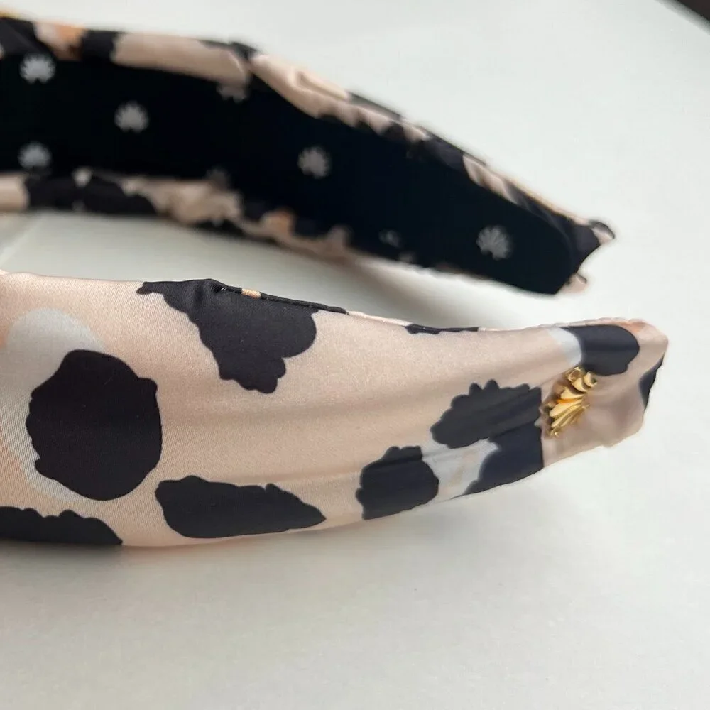 Lele Sadoughi Leopard Silk Knotted Headband Gold Logo NWT